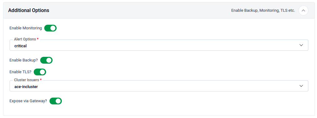 Additional Options panel showing Enable Monitoring with Alert Options, Enable Backup, Enable TLS with Cluster Issuers, and Expose via Gateway toggles