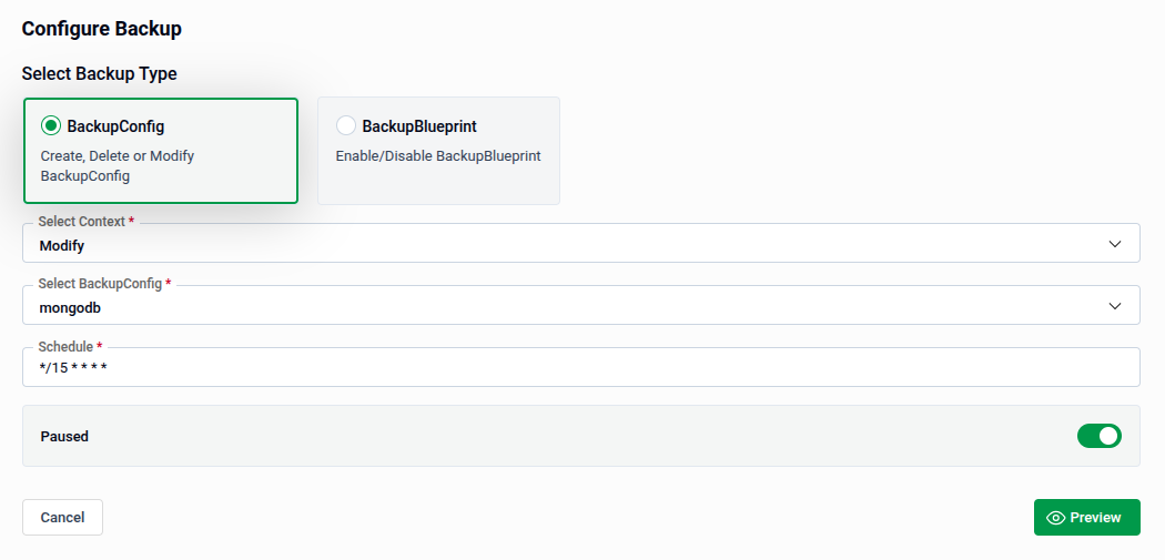 Modify BackupConfig form with Schedule and Paused toggle