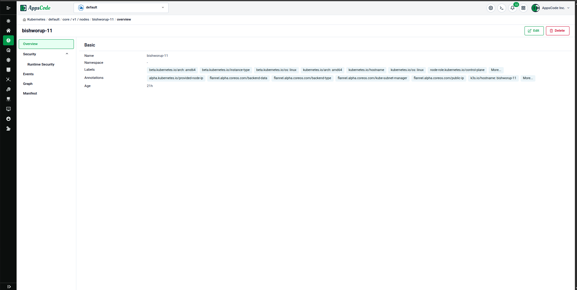 Node detail page showing Basic info — Name, Namespace, Labels, and Annotations