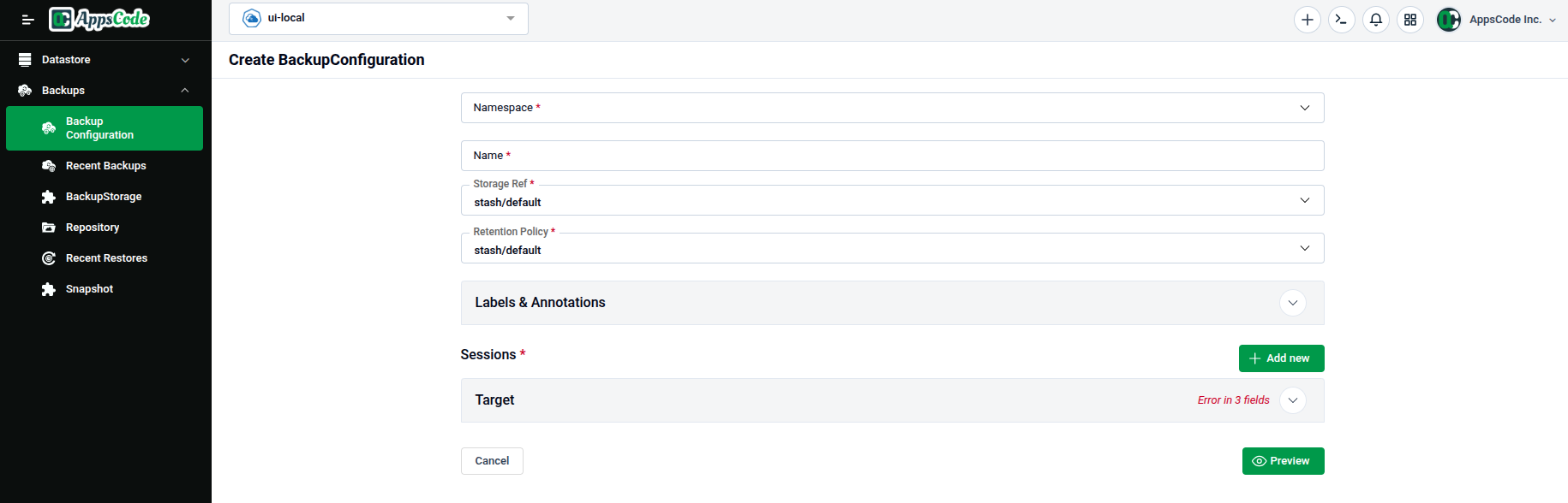 Create BackupConfiguration form showing Namespace, Name, Storage Ref, Retention Policy, Sessions, and Target sections
