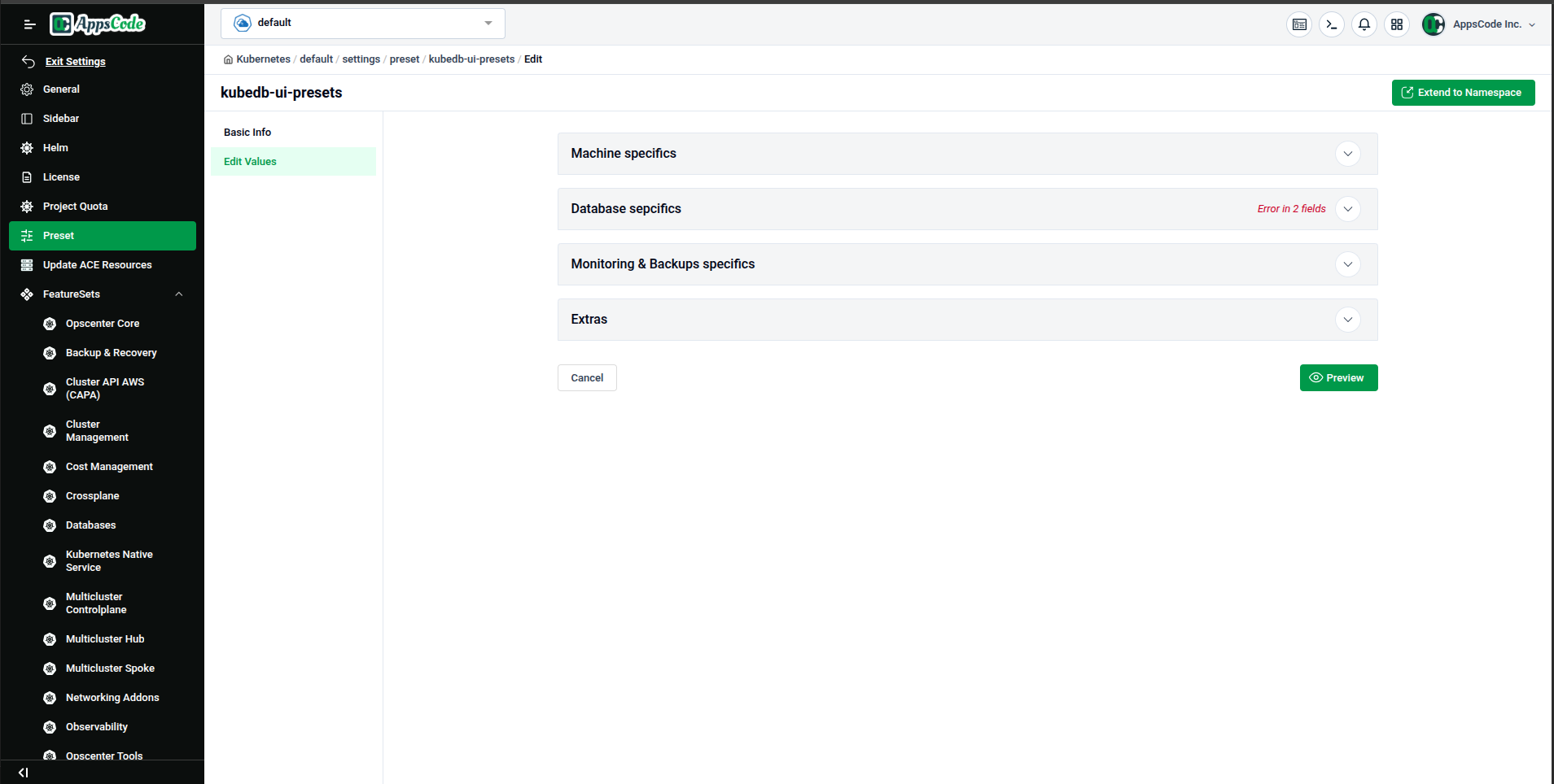 KubeDB Edit Values form — overview of Machine, Database, and Monitoring sections