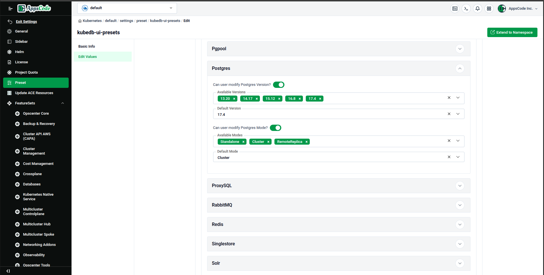 Postgres settings — enabling specific versions and replica modes