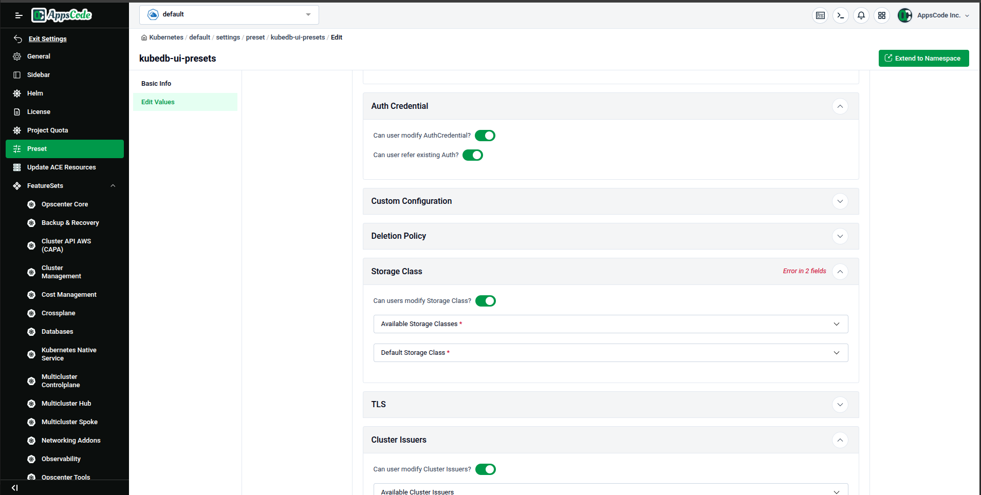 Additional Database settings — Auth Credentials, Custom Configuration, and Storage Class