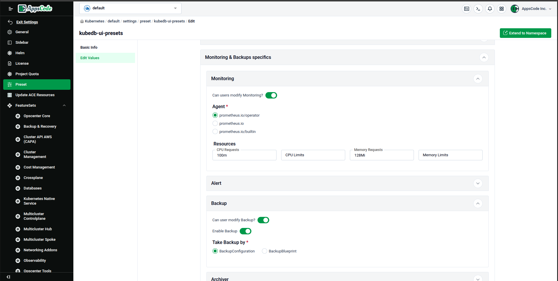 Monitoring & Backups — setting up Prometheus agent and default backup behavior