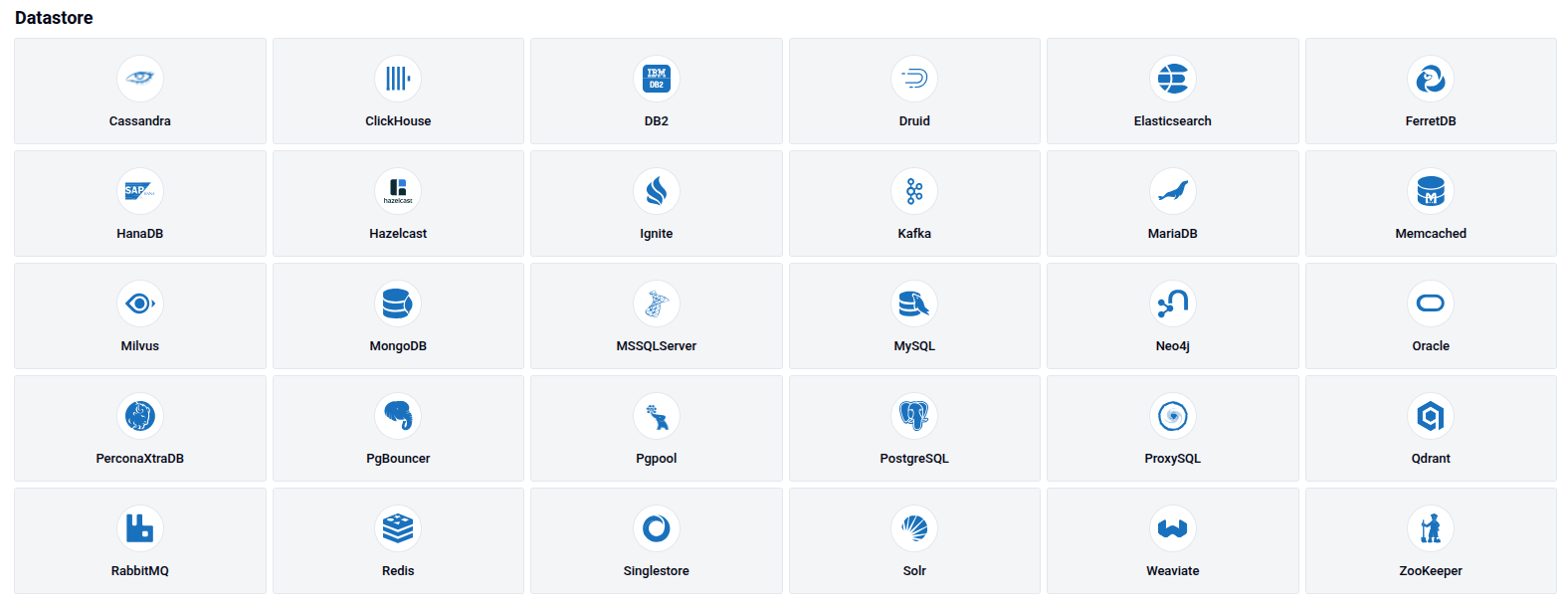 Database type selection grid showing all supported engines including MongoDB, PostgreSQL, MySQL, Redis, and more