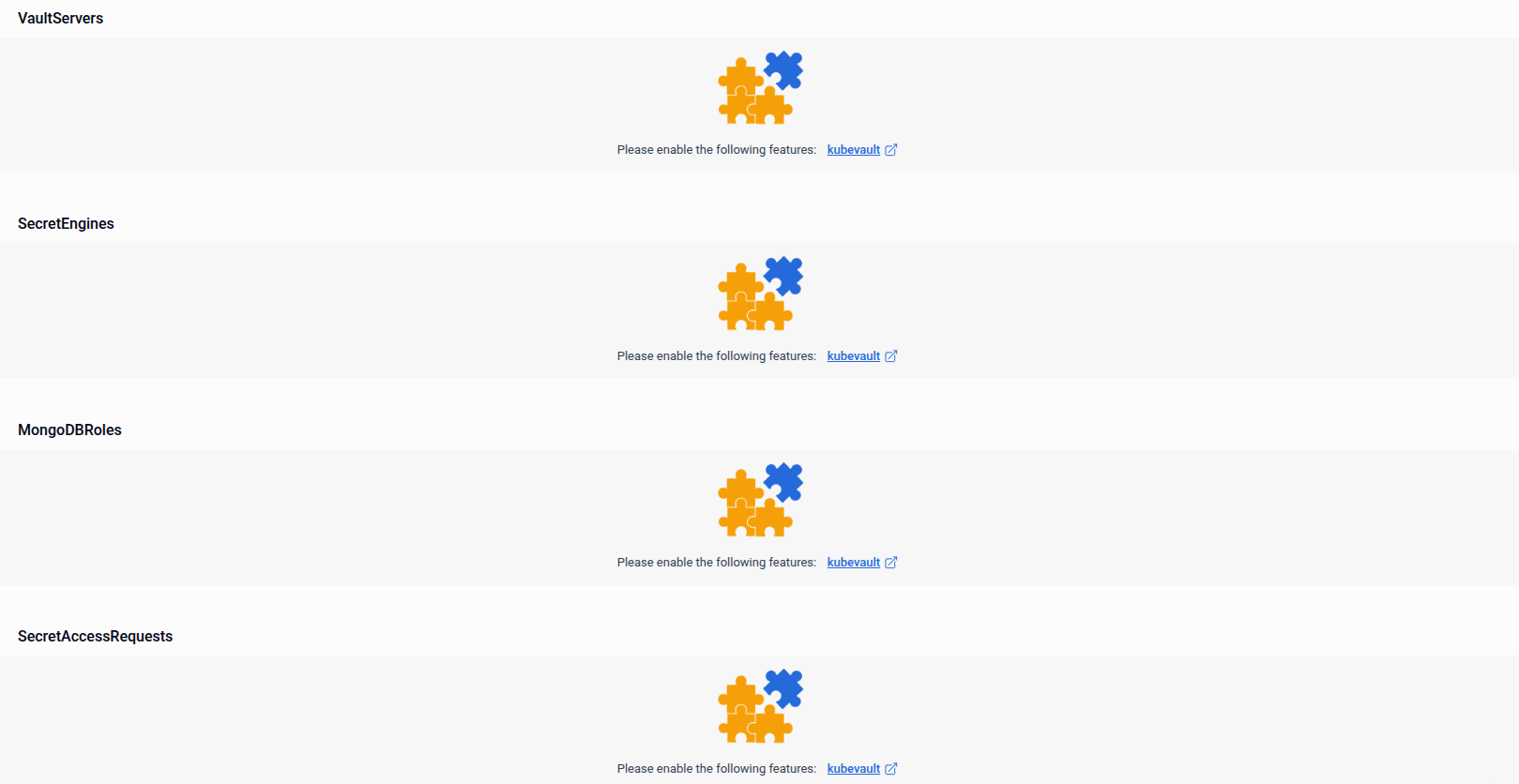Users tab lower sections showing VaultServers, SecretEngines, MongoDBRoles, and SecretAccessRequests — all requiring kubevault to be enabled