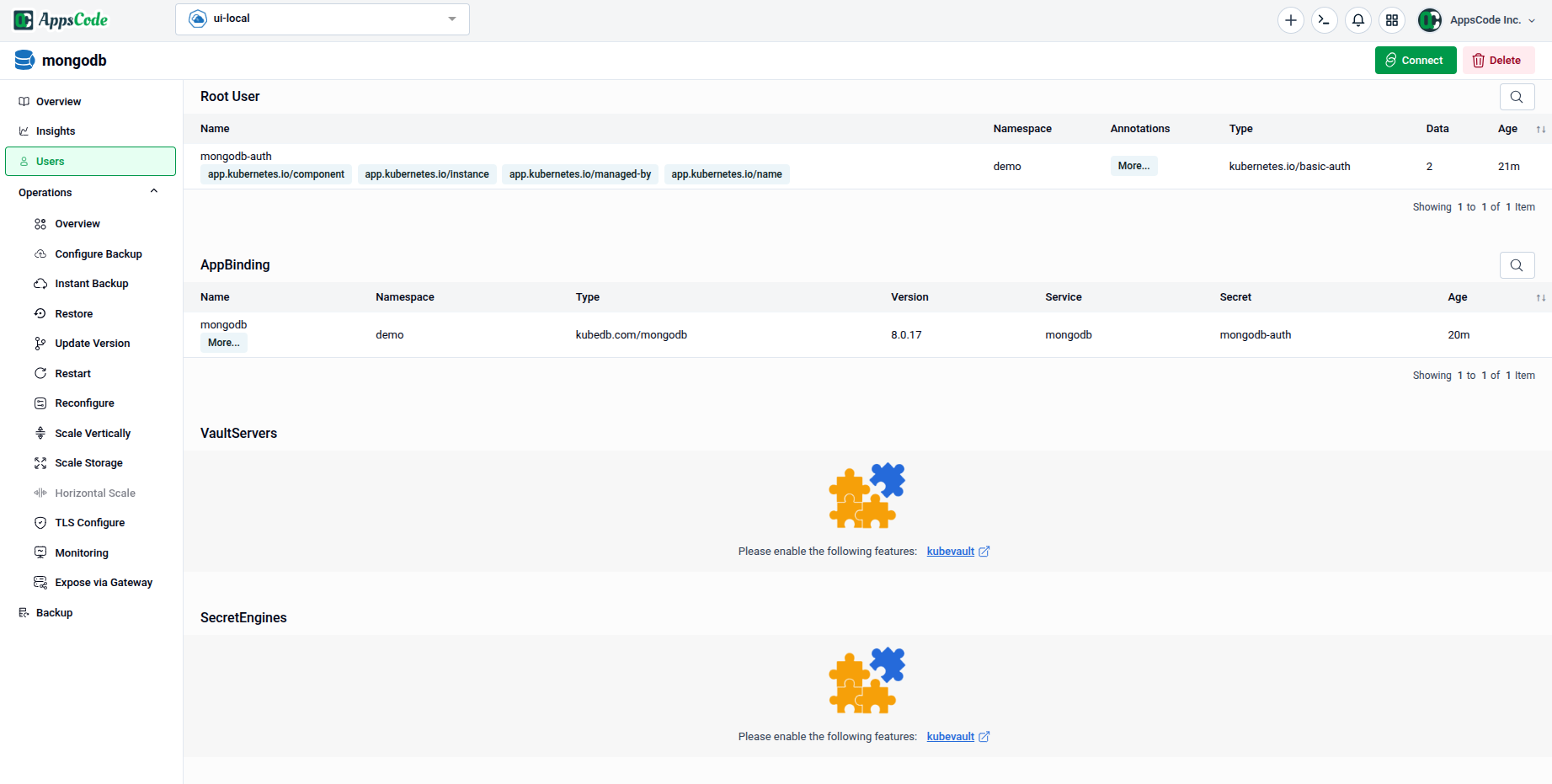 Users tab showing Root User, AppBinding, VaultServers, and SecretEngines sections