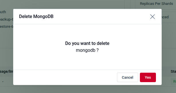 Delete confirmation modal asking "Do you want to delete mongodb?" with Cancel and Yes buttons