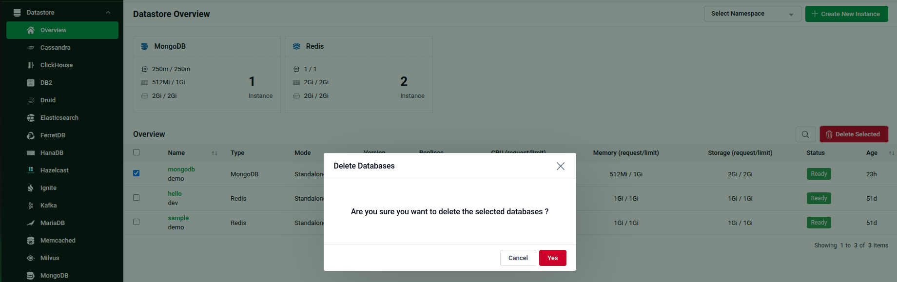 Bulk delete confirmation modal on the Datastore Overview page