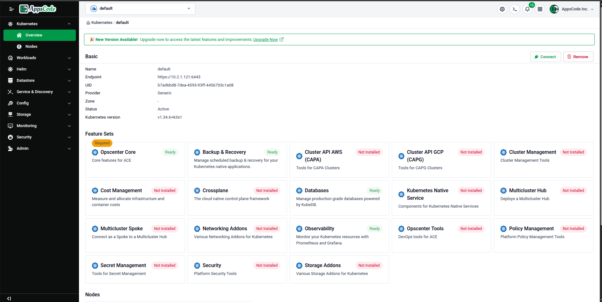Cluster Overview Feature Sets grid after enabling Backup & Recovery and Databases — both show Ready