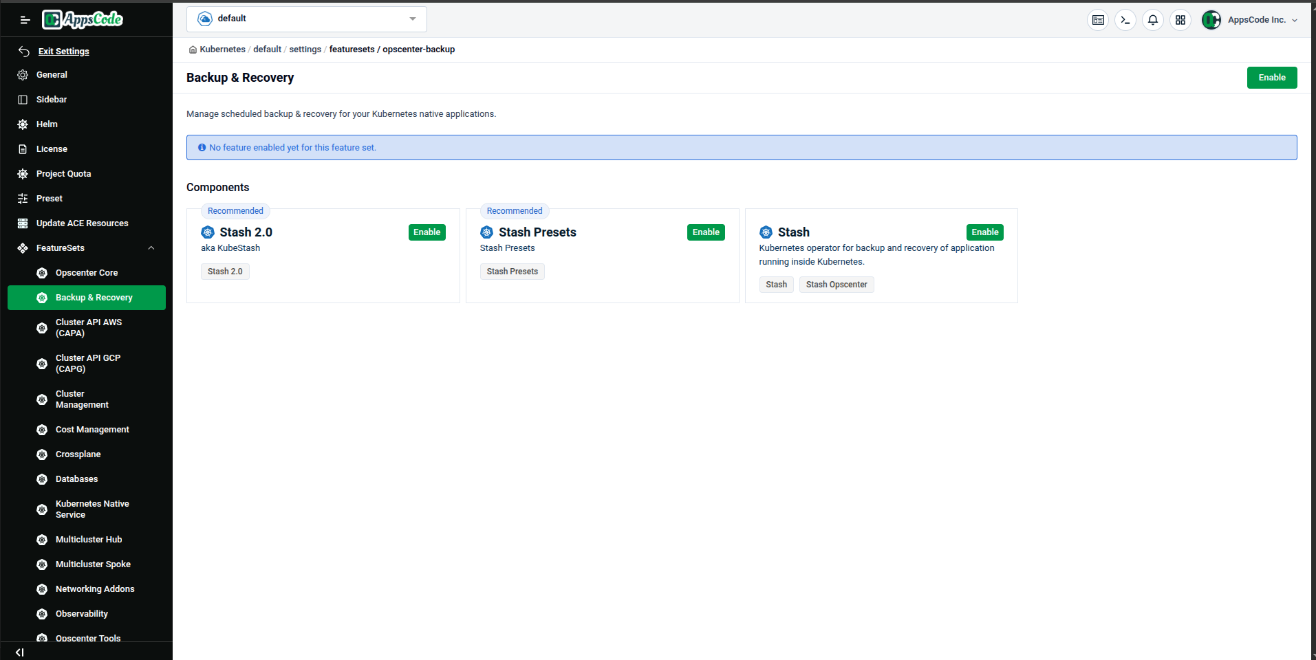 Backup & Recovery Feature Set page — Components listed with individual Enable buttons