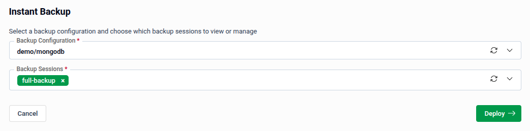 Instant Backup form filled with Backup Configuration demo/mongodb and Backup Sessions full-backup selected