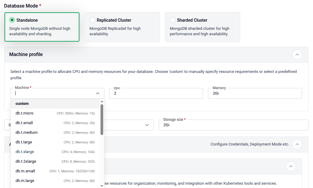 Machine Profile dropdown showing preset options alongside the Storage Class and Advanced Configuration panels