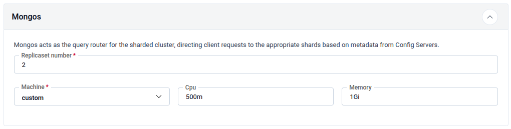 Mongos panel showing Replicaset number, Machine, CPU, and Memory fields