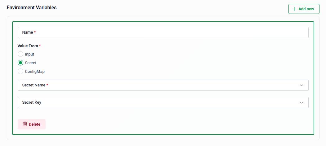Environment Variable with Secret source selected, showing Secret Name and Secret Key fields
