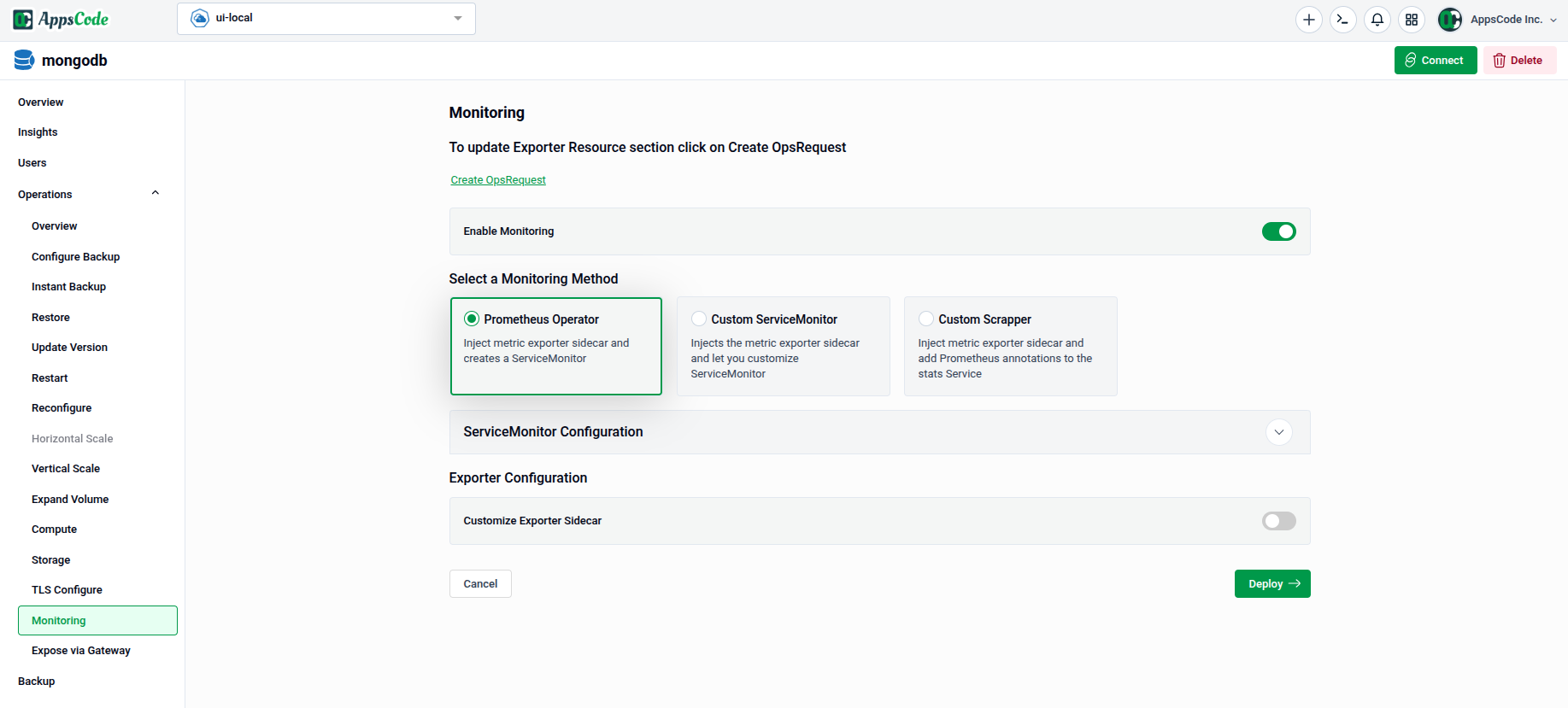 Monitoring form overview showing Enable Monitoring toggle, monitoring method selection, and Exporter Configuration