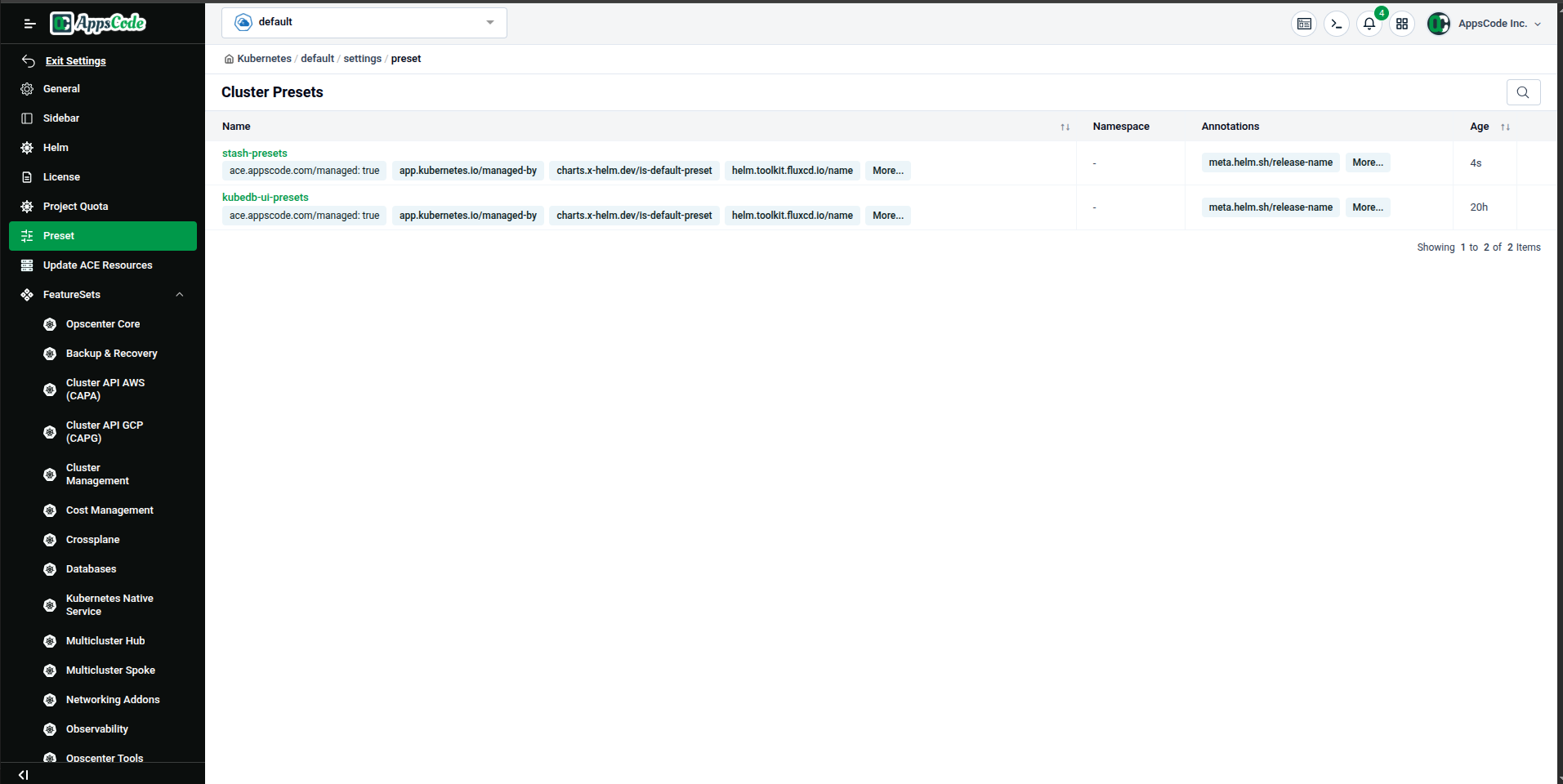Cluster Presets list after enabling a new Feature Set — "stash-presets" and "kubedb-ui-presets" visible