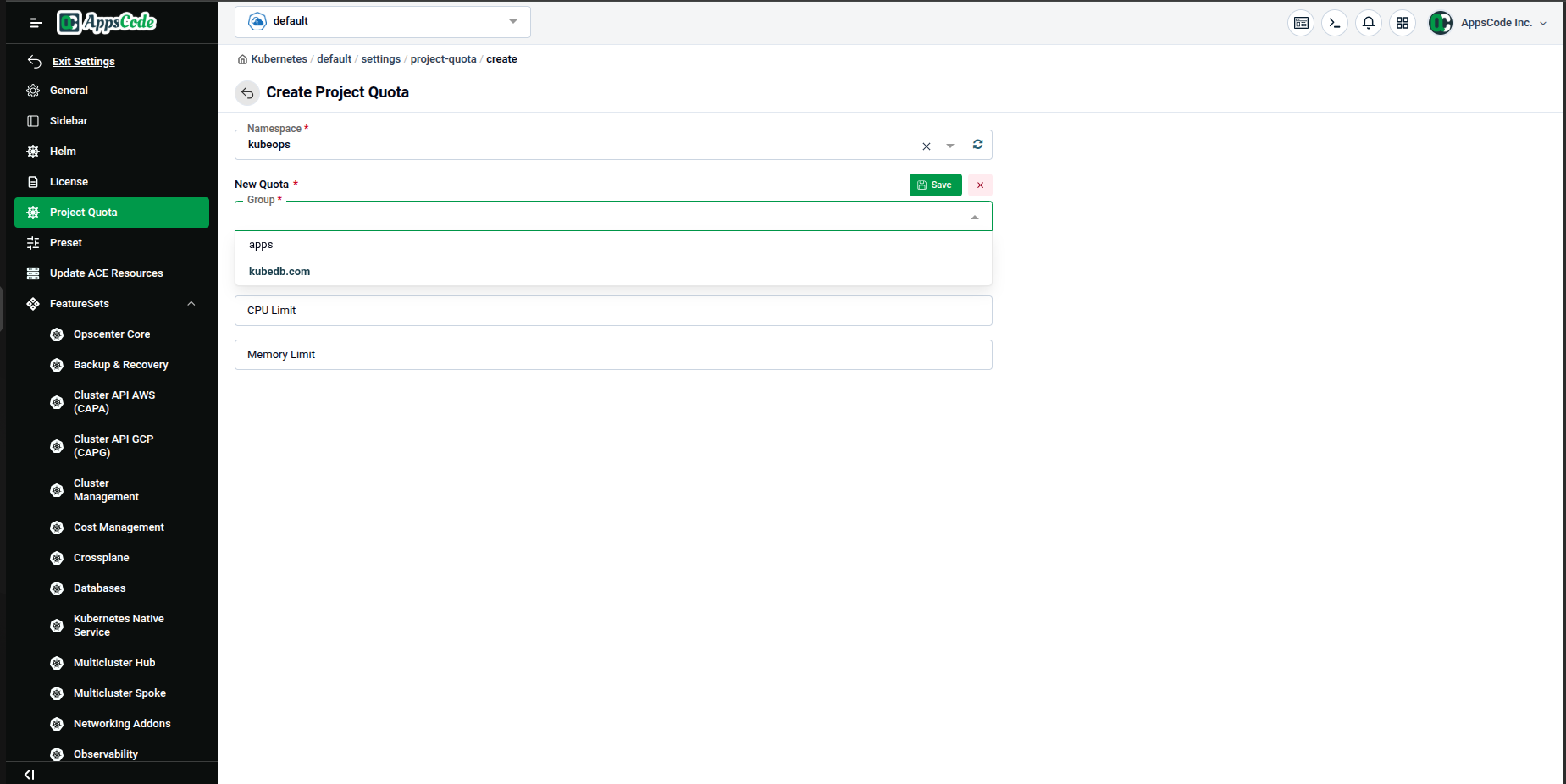 Group dropdown showing "apps" and "kubedb.com" options, with CPU Limit and Memory Limit fields below