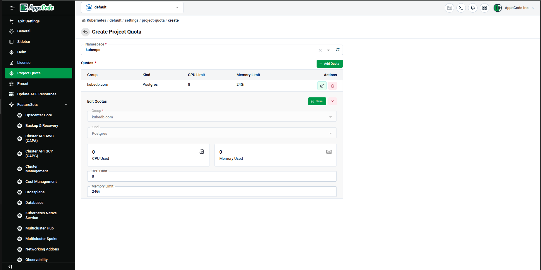 Edit Quotas form expanded inline — showing CPU Used (0), Memory Used (0), and editable CPU/Memory limit fields