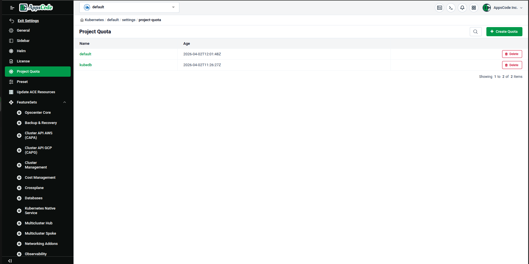 Project Quota list page showing existing quotas for "default" and "kubedb" namespaces