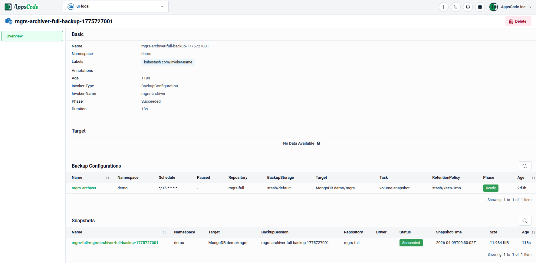 BackupSession detail page showing Basic info, Backup Configuration table, and Snapshots table