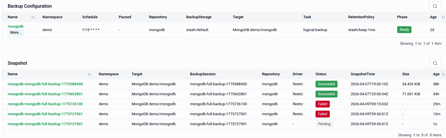 Backup Configuration and Snapshots tables showing all stored snapshots