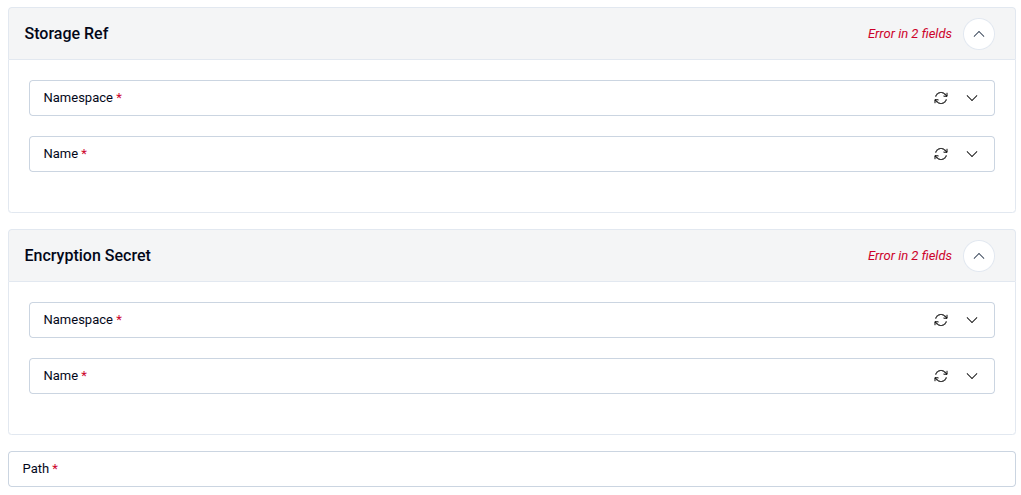 Storage Ref and Encryption Secret sections showing Namespace/Name fields and Path field
