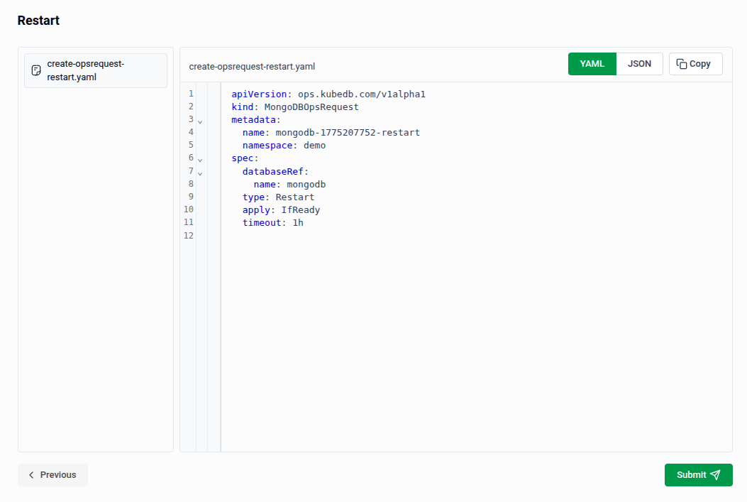Preview page showing the generated MongoDBOpsRequest YAML manifest for Restart