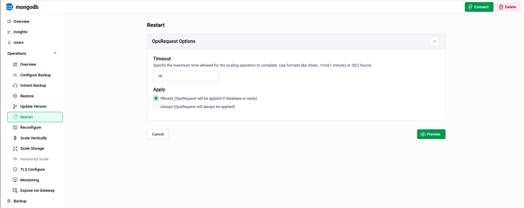 Restart form showing OpsRequest Options panel