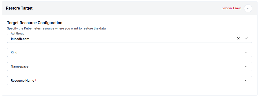Target Database panel showing Api Group, Kind, Namespace, and Name fields