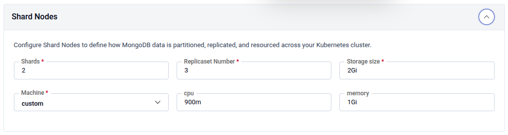 Shard Nodes panel showing Shards, Replicaset Number, Storage size, Machine, CPU, and Memory fields