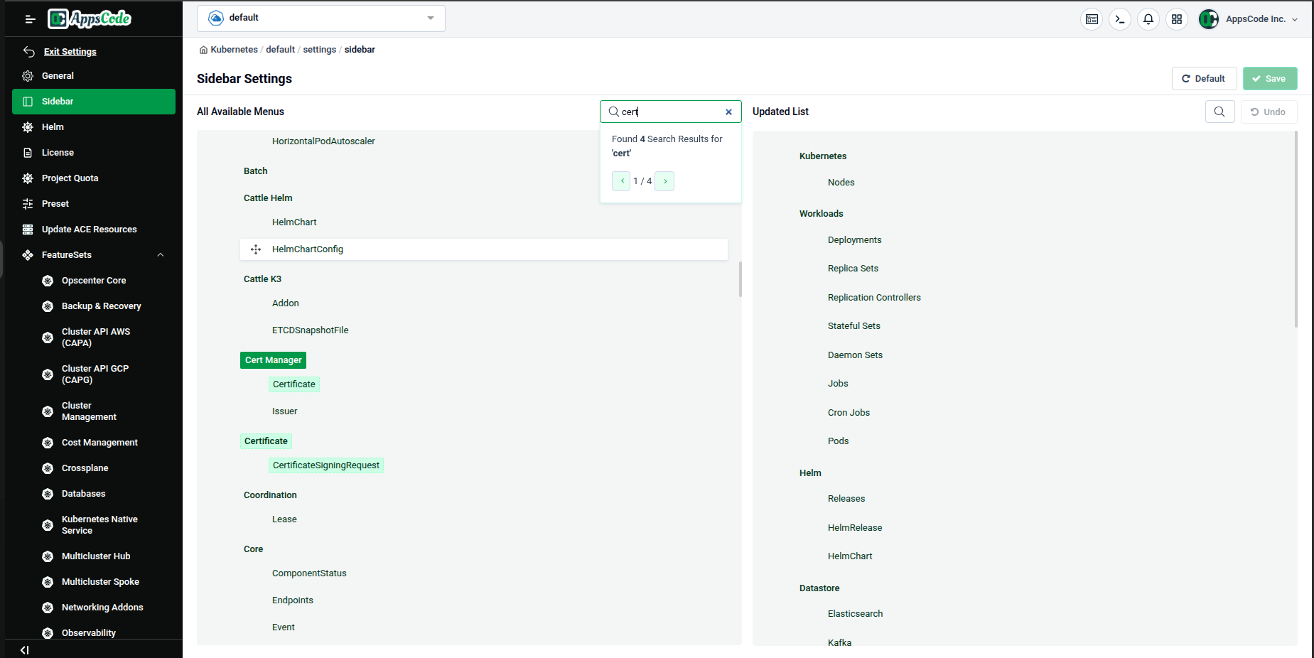 Search bar in action — typing "cert" narrows the list and highlights matching resources