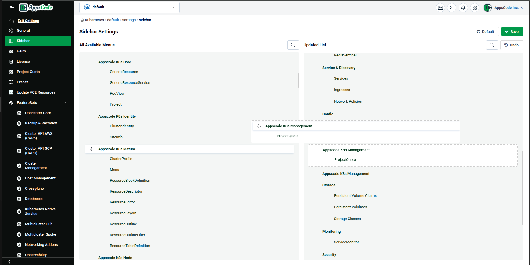 Dragging "ProjectQuota" from Available Menus into the Updated List