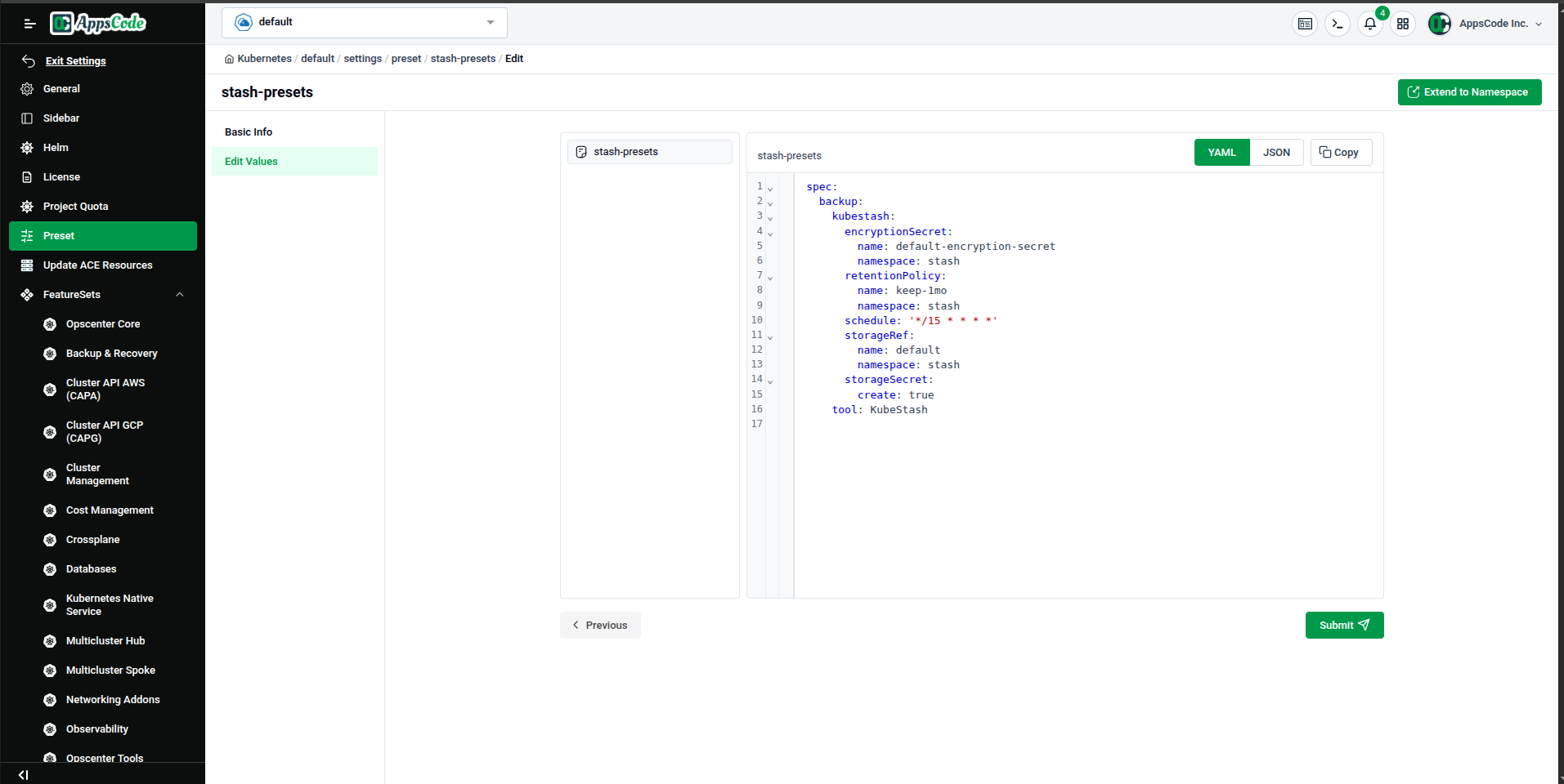 Preview step — full YAML spec rendered in the editor with Submit button at bottom-right
