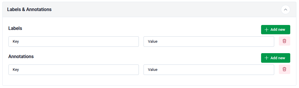 Labels and Annotations panel showing Labels and Annotations each with Key-Value input rows and Add new buttons