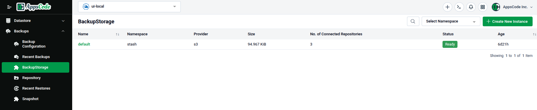 BackupStorage list page showing resources with Name, Namespace, Provider, Size, No. of Connected Repositories, Status, and Age columns