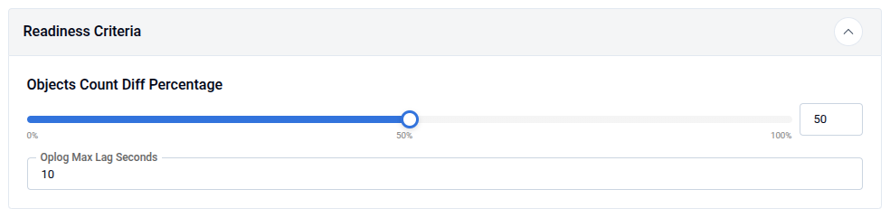 Readiness Criteria panel showing Objects Count Diff Percentage slider and Oplog Max Lag Seconds field