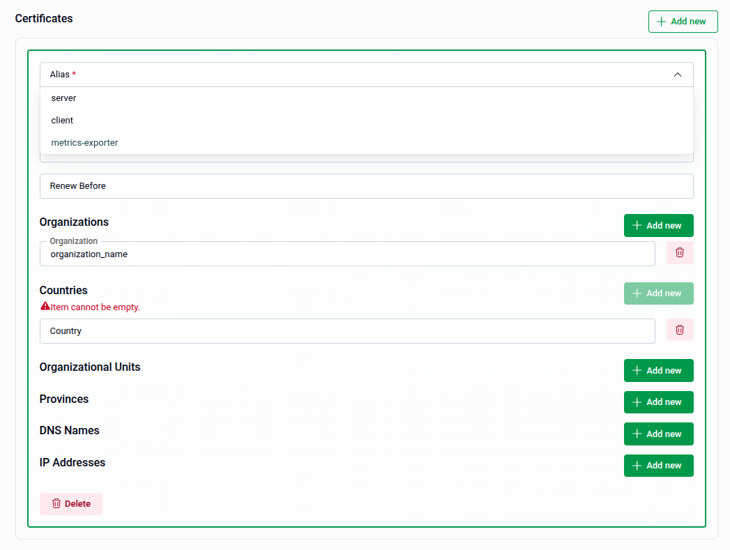 Certificates panel showing the Alias dropdown expanded with server, client, and metrics-exporter options, and sample Organizations and Countries fields filled in